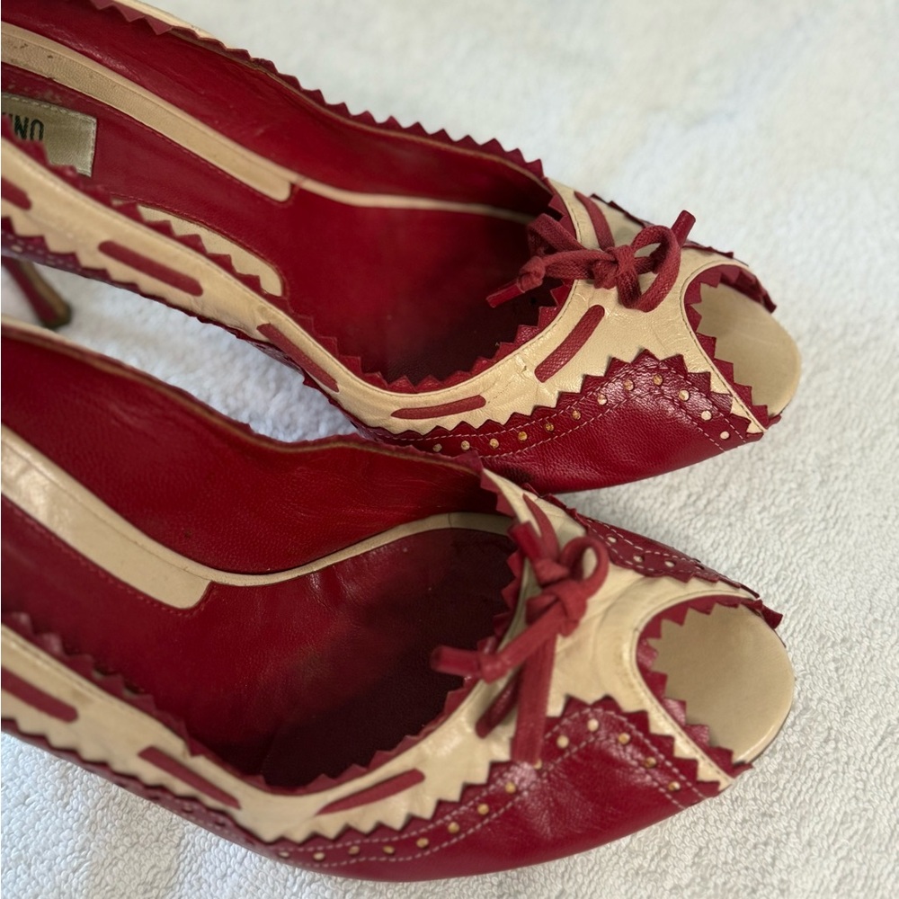Mochino Vintage Red and Cream Women's Peep-Toe Shoes